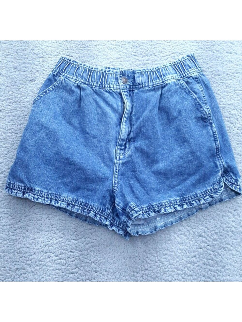 American Eagle High Waisted Mom Shorts Blue Denim Elastic Waist Pockets Size 2
